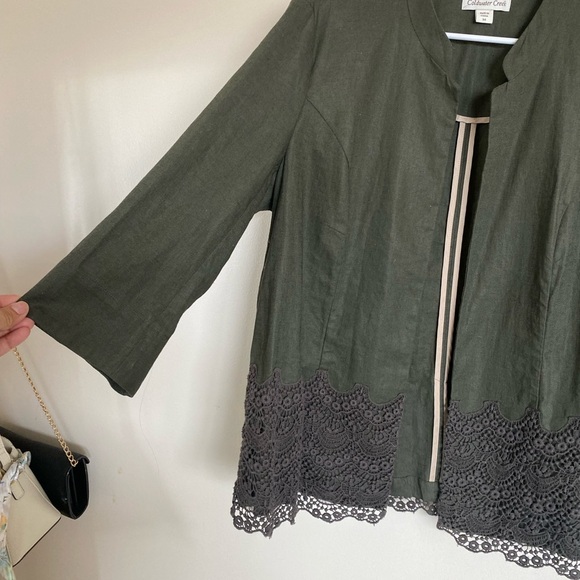 Coldwater Creek Women’s Linen Blend Dark Olive Green Blazer with Lace Trim 14 - Picture 2 of 12